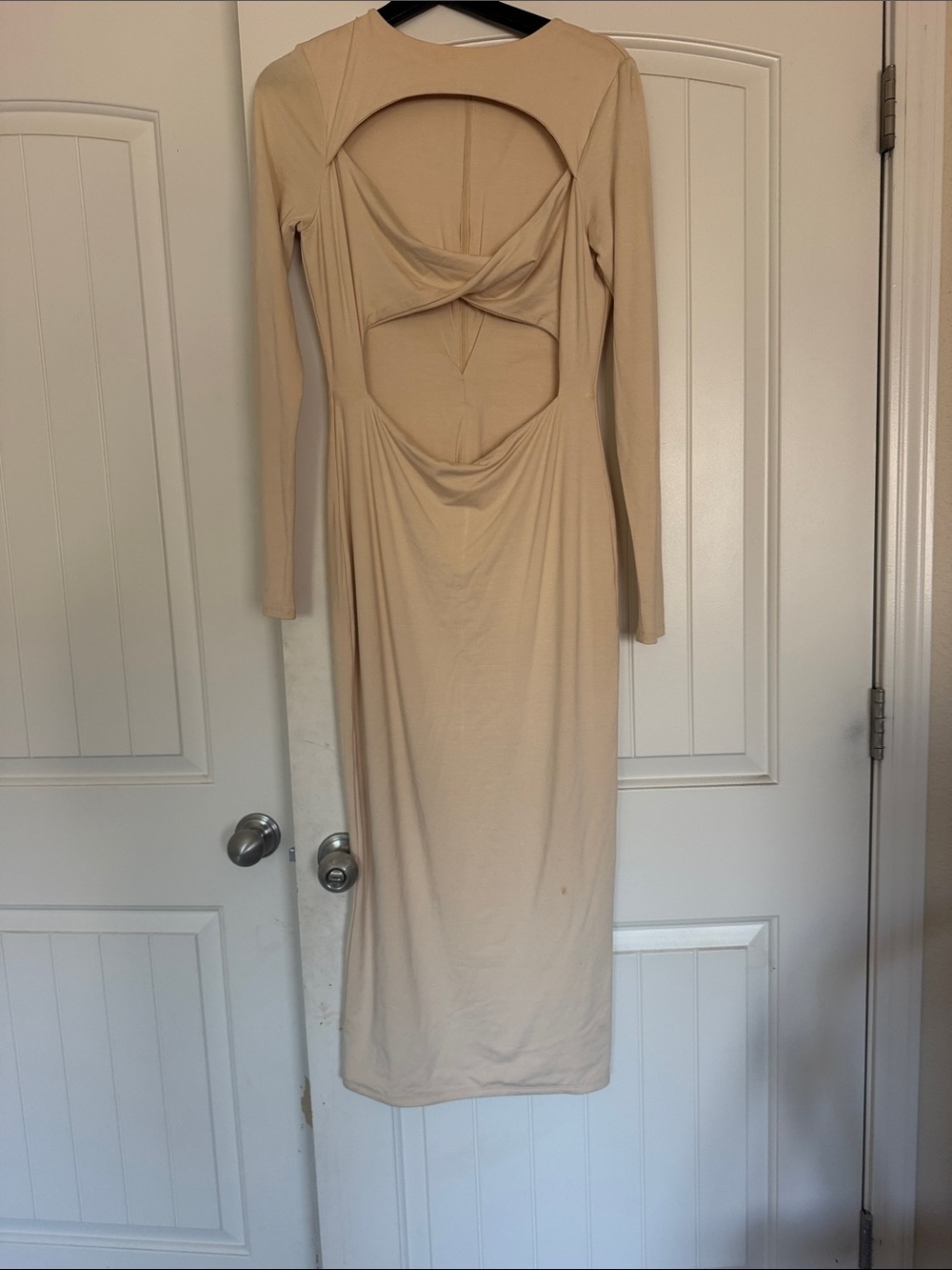 naked wardrobe Beige Long Sleeve Cutout Midi Dress